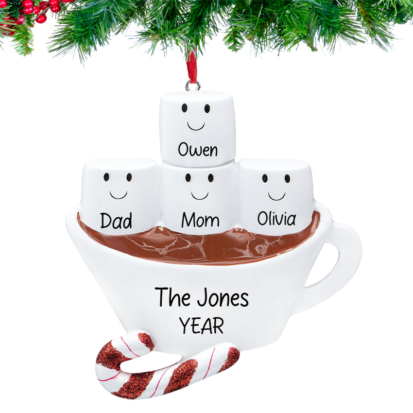 Hand‑lettered names and year on Personalized Hot Chocolate Family of 4 Christmas Ornament.