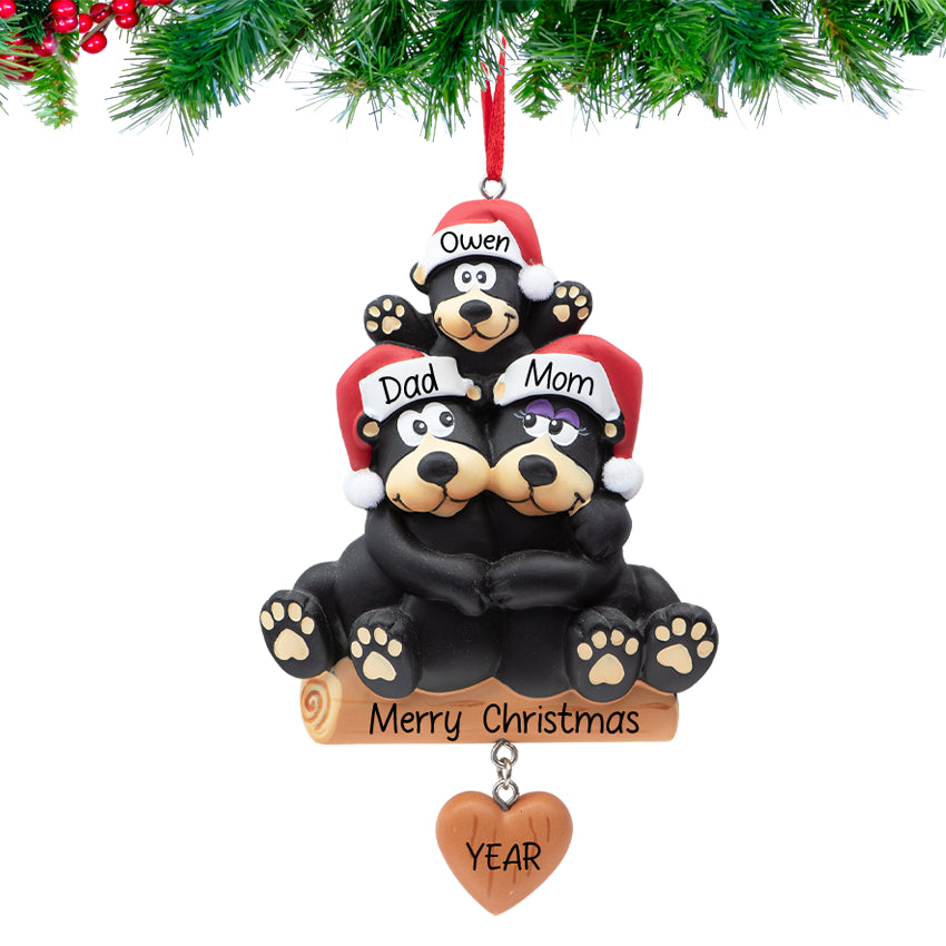 Personalized Black Bear Family of 3 with Heart Christmas Ornament
