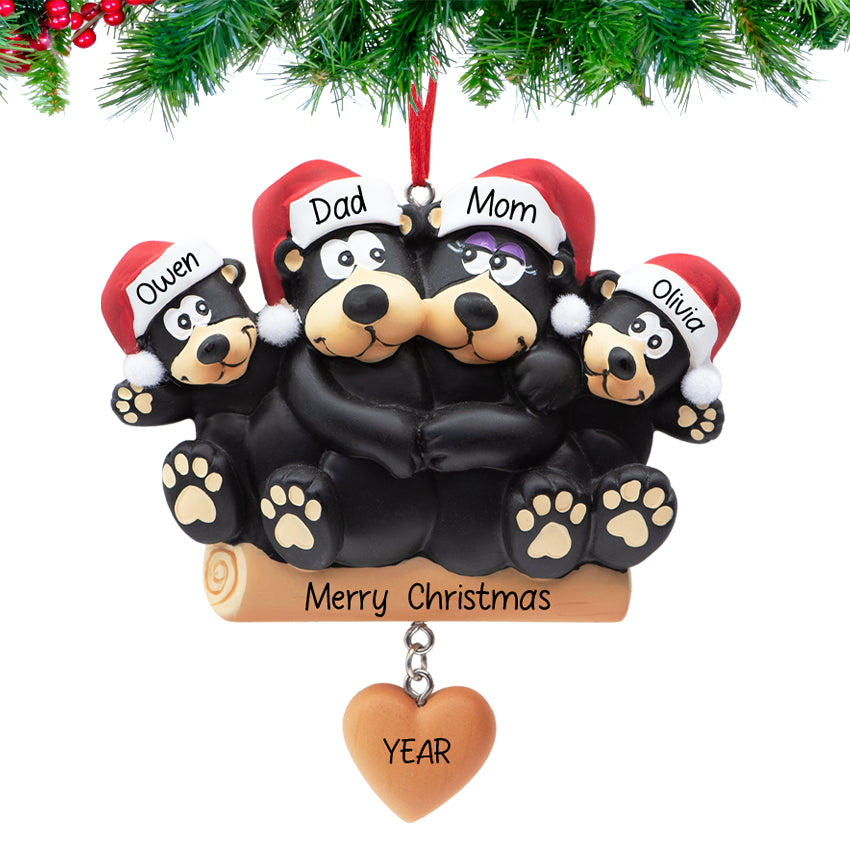 Personalized Black Bear Family of 4 with Heart Christmas Ornament