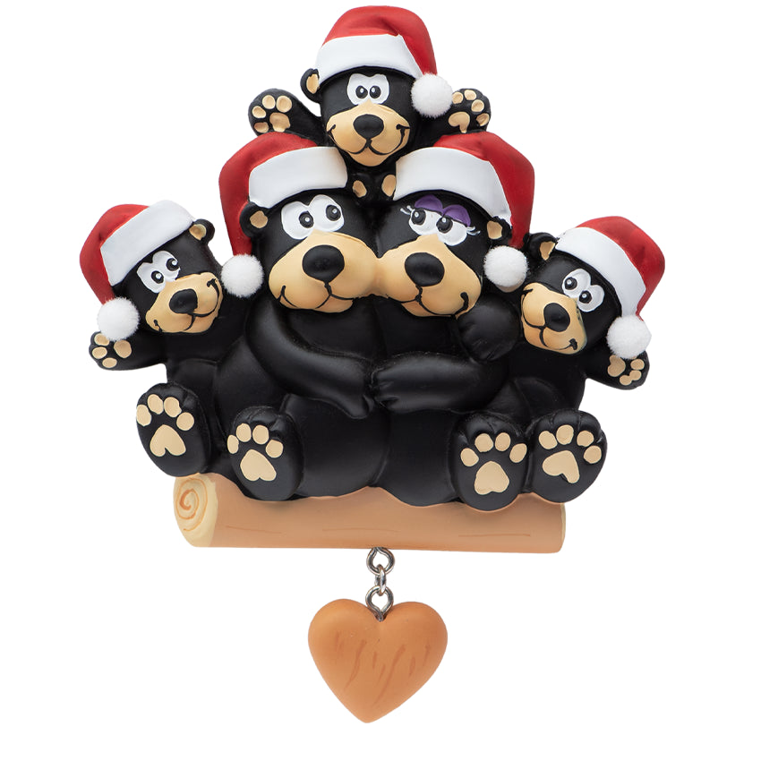 Personalized Black Bear Family of 5 with Heart Christmas Ornament