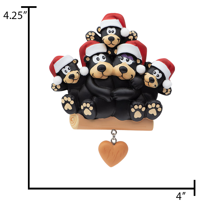 Personalized Black Bear Family of 5 with Heart Christmas Ornament