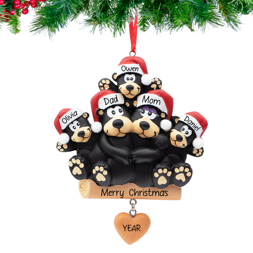 Personalized Black Bear Family of 5 with Heart Christmas Ornament
