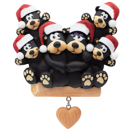 Personalized Black Bear Family of 6 with Heart Christmas Ornament