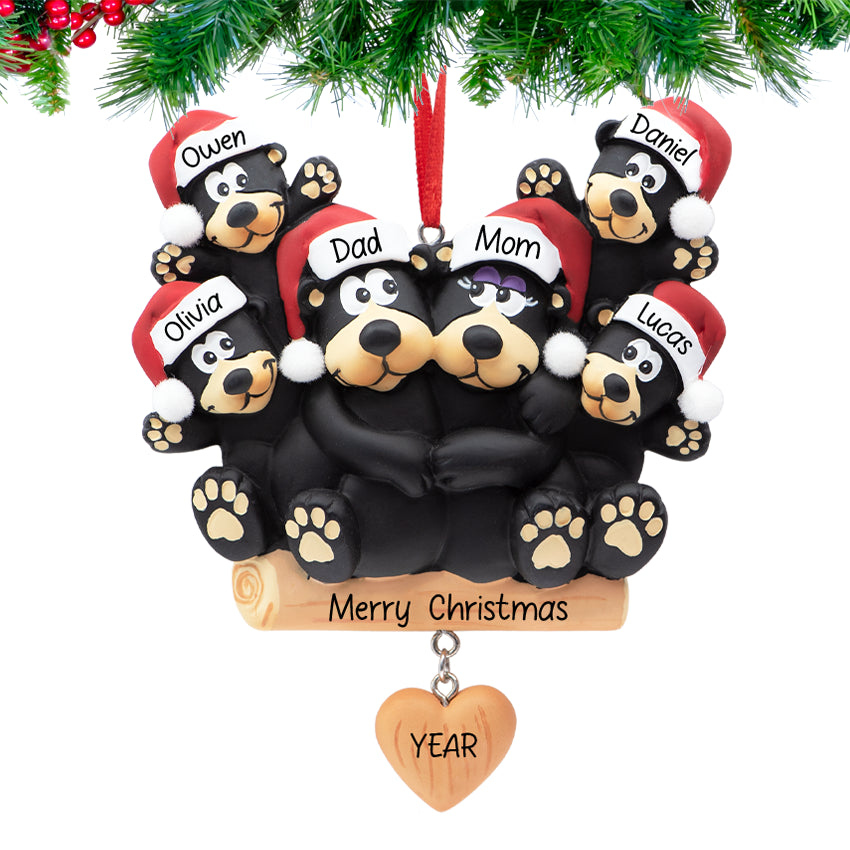 Personalized Black Bear Family of 6 with Heart Christmas Ornament
