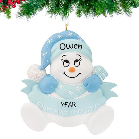 Ornament with snowbaby boy design, personalized with name and year for baby’s first Christmas.