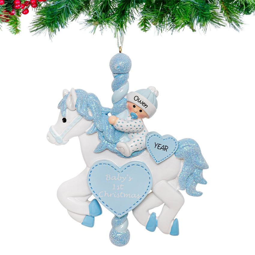 Personalized Baby's First Christmas Ornament – Baby Boy on Carousel Horse