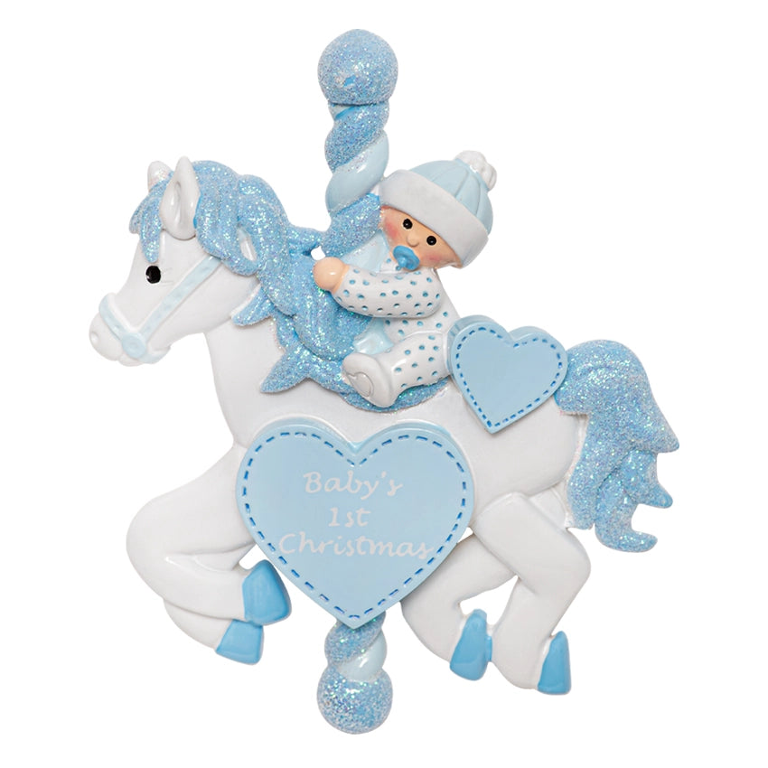 Personalized Baby's First Christmas Ornament – Baby Boy on Carousel Horse