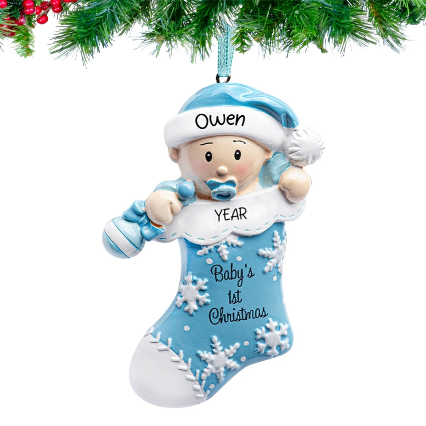 Personalized baby's first Christmas ornaments with custom names and designs, ideal for celebrations.