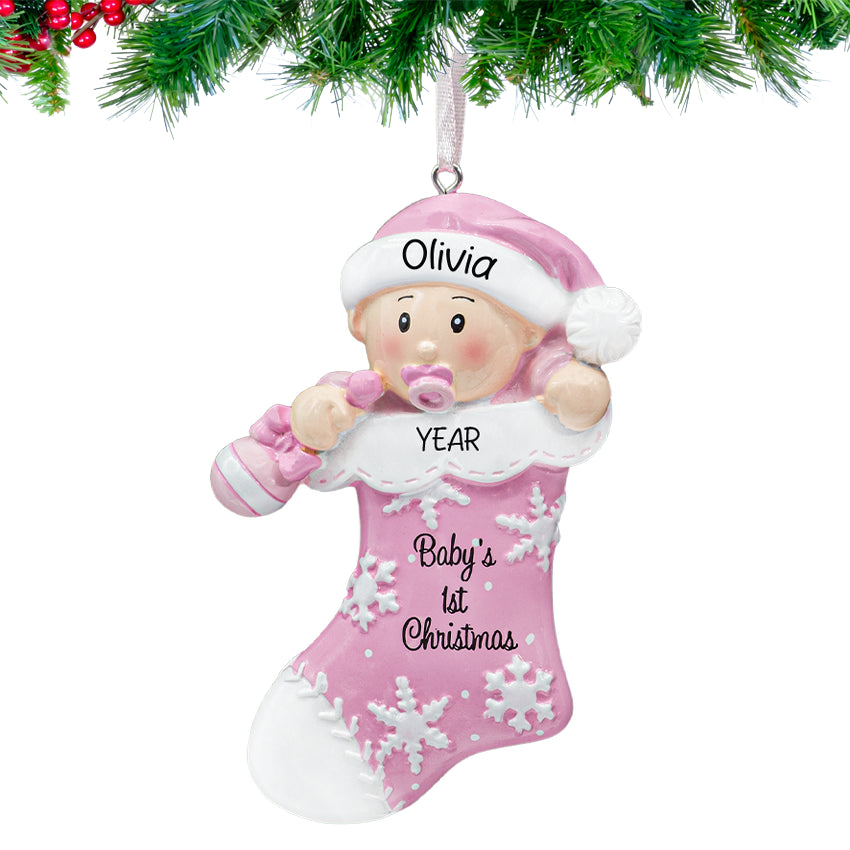 Personalized baby's first Christmas ornaments with custom names and designs, ideal for celebrations.