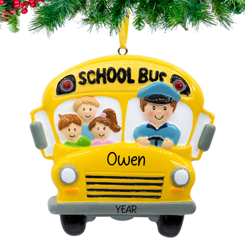 Personalized yellow school‑bus ornament with child’s name and 2025 year tag
