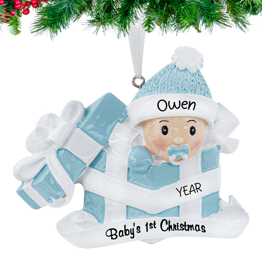 Personalized baby's first Christmas ornaments with custom names and designs, ideal for celebrations.