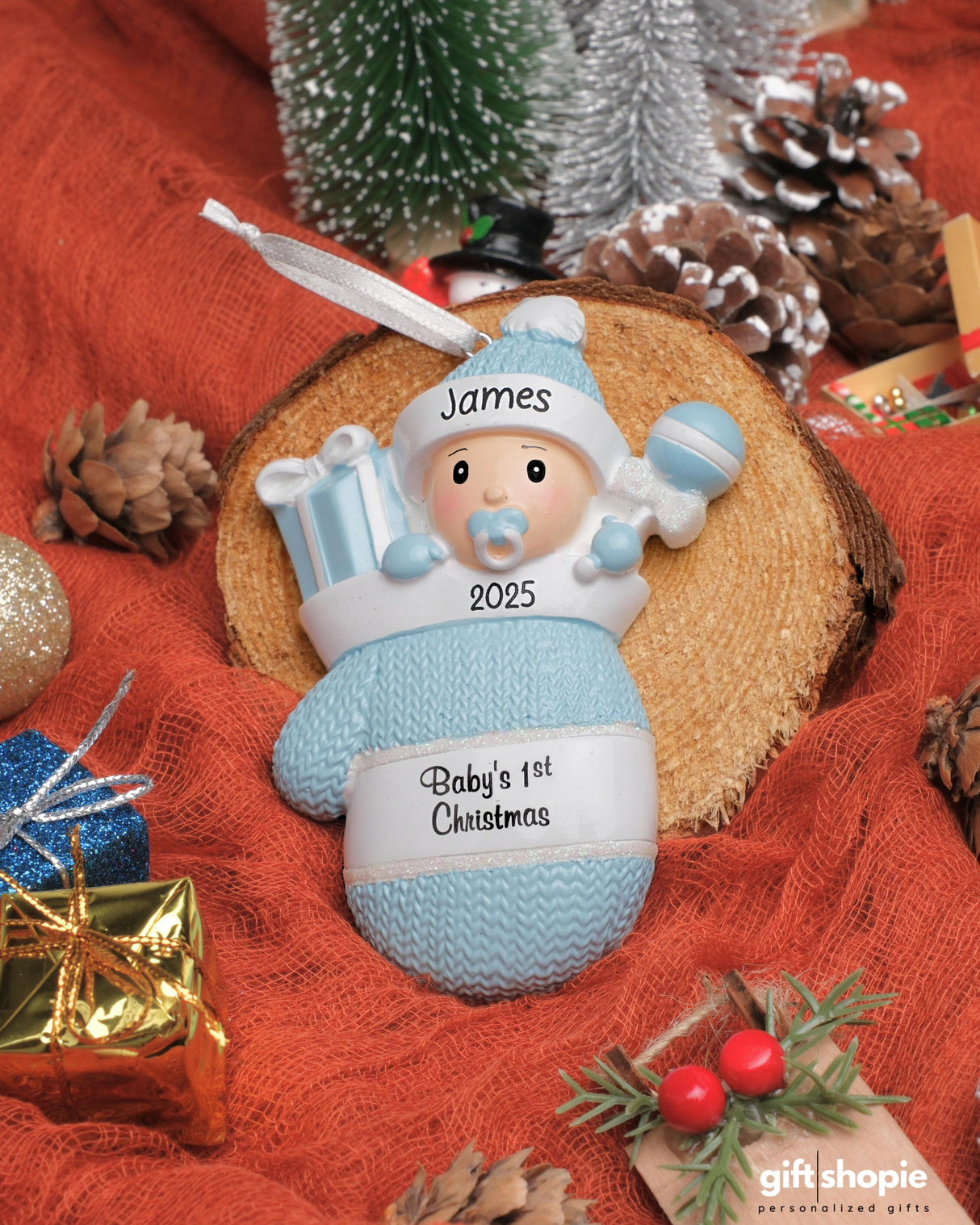Personalized Baby's First Christmas Ornament - Baby Boy in Mitten