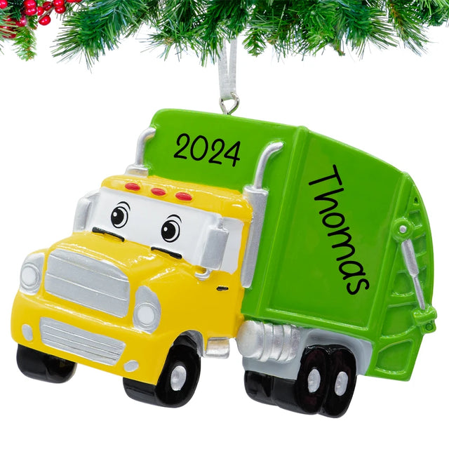 “Personalized garbage truck Christmas ornament with hand‑lettered name and year on resin truck”