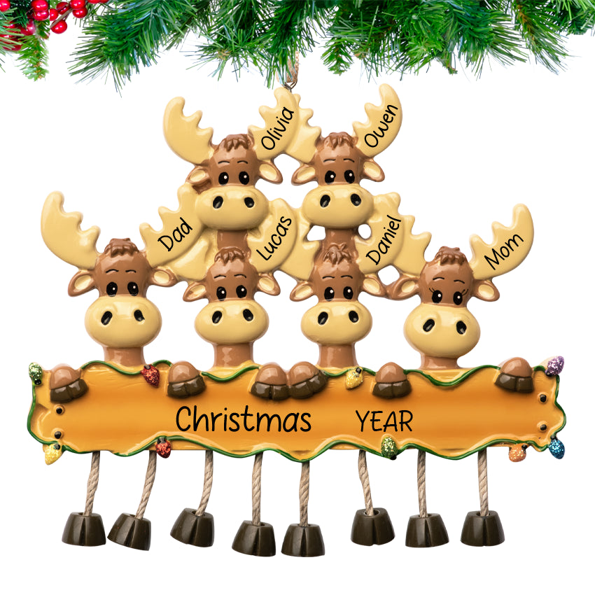 Personalized Moose Family of Six Christmas Ornament