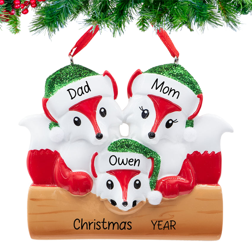 Personalized Fox Family of 3 Christmas Ornament