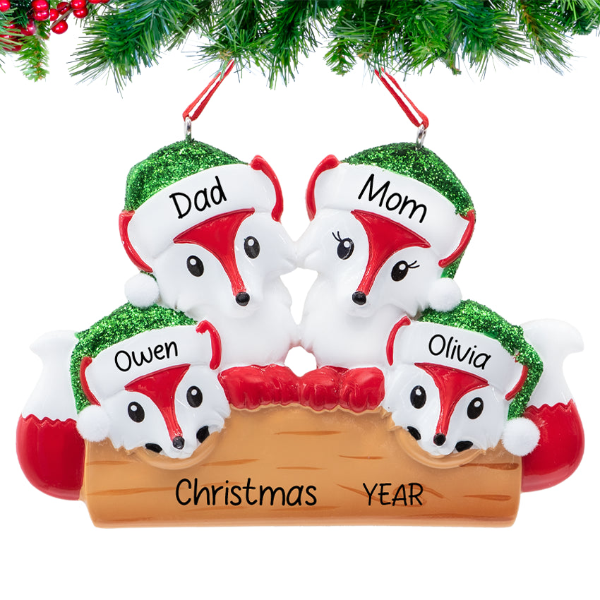 Personalized Fox Family of 4 Christmas Ornament