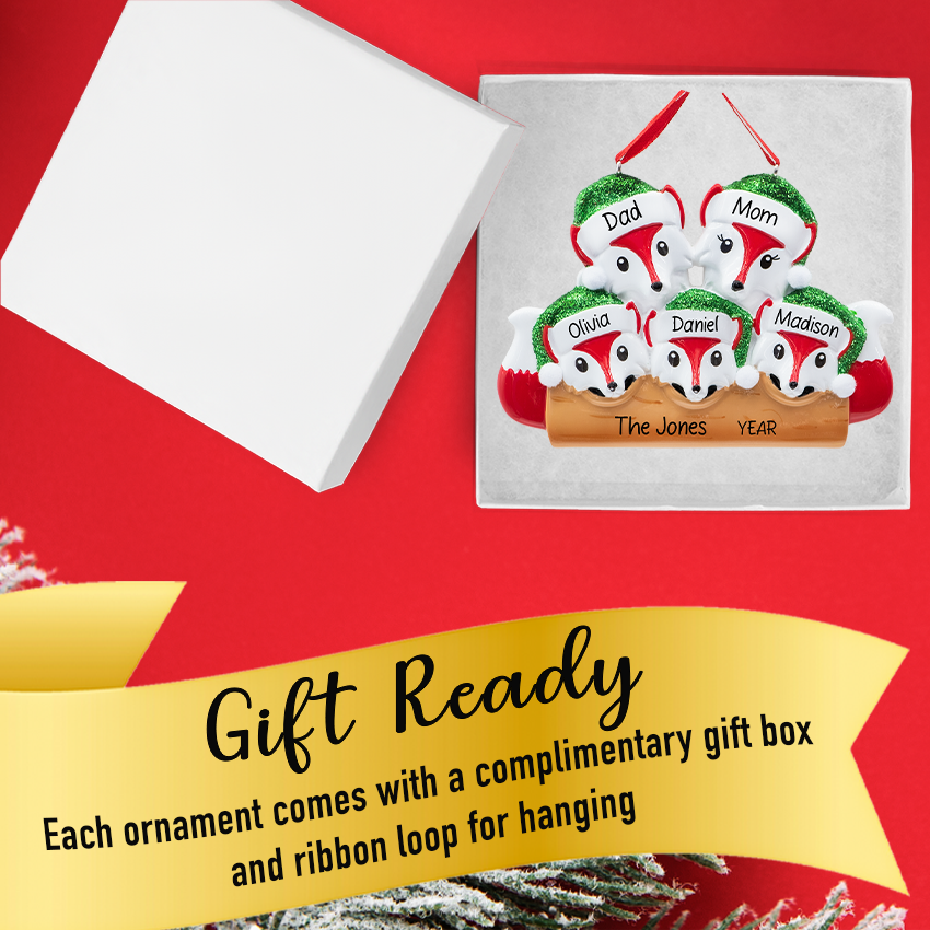Personalized Fox Family of 5 Christmas Ornament