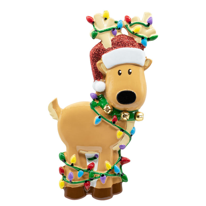 Personalized Reindeer Tangled in Light Christmas Ornament