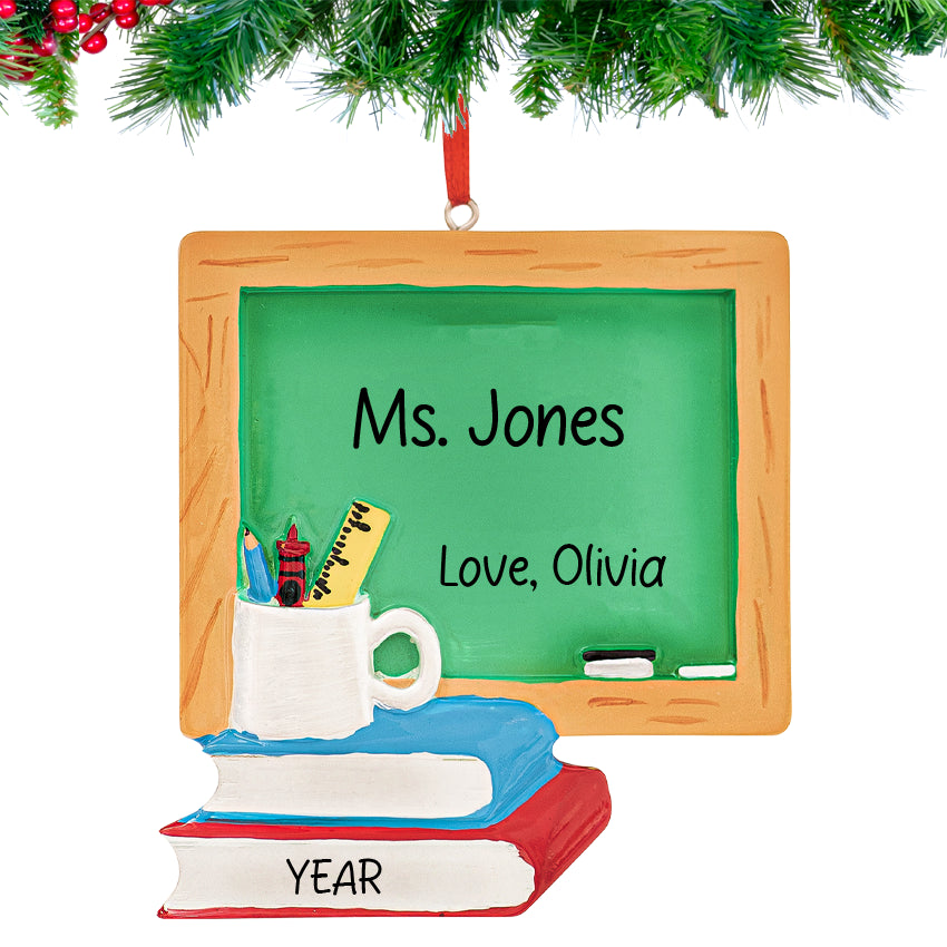 Personalized teacher chalkboard ornament with books and hand‑lettered name