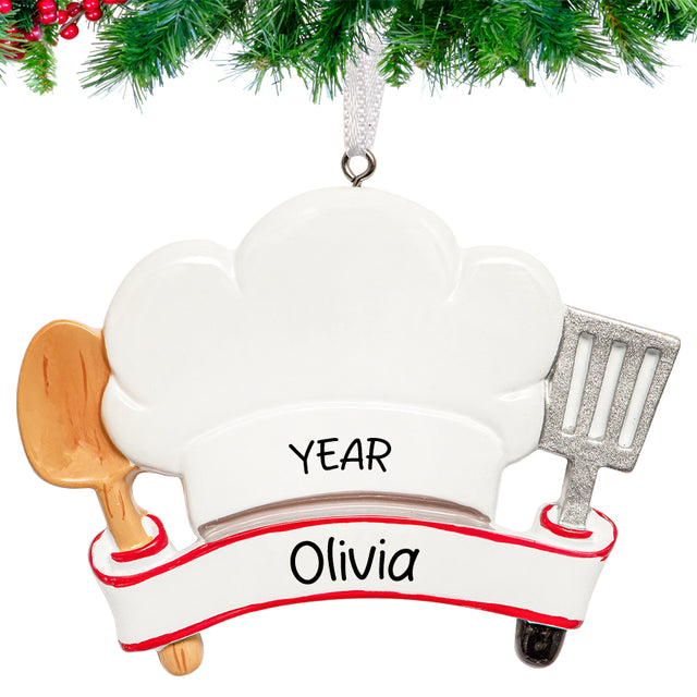 Customized chef hat Christmas ornament with personalized details, ideal for celebrating chefs and cooking enthusiasts during the holidays.
