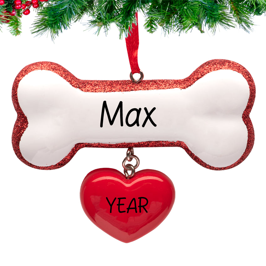 Personalized dog bone Christmas ornament with heart product is a charming keepsake.