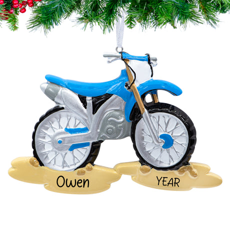 Personalized Christmas ornament featuring a dirt bike design with custom name, perfect for adding a unique touch to your holiday decor for motocross enthusiasts.