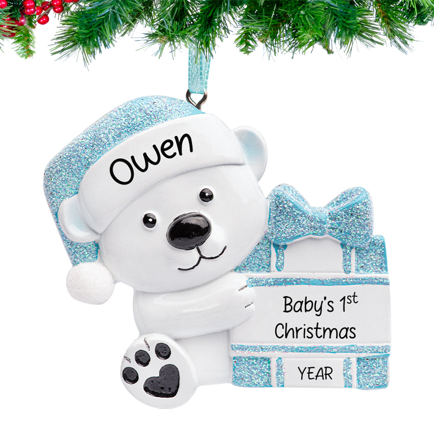 Custom baby's first Christmas ornament featuring a boy baby bear, perfect for his first season.