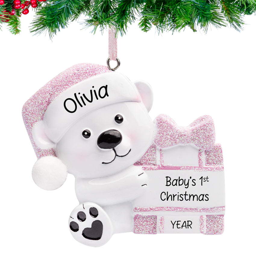 Custom baby's first Christmas ornament featuring a girl baby bear, perfect for his first season.