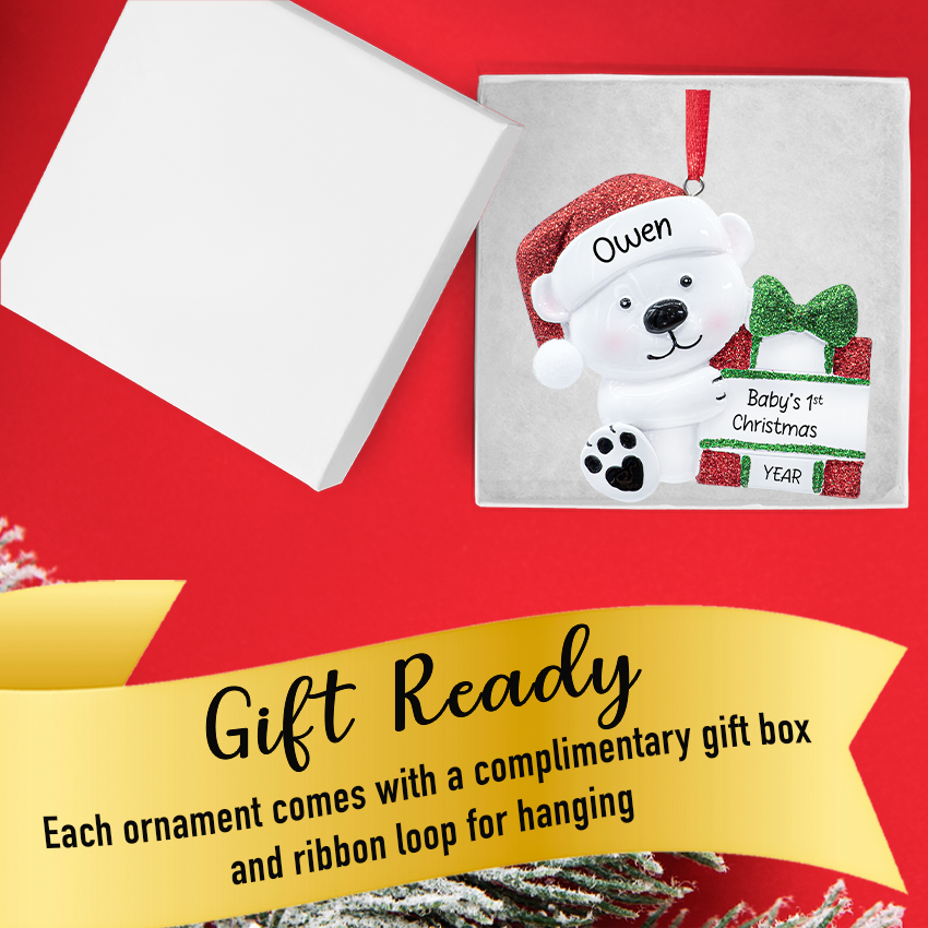 Personalized Baby's First Christmas Ornament for Baby Girl & Boy - Baby Bear with Present