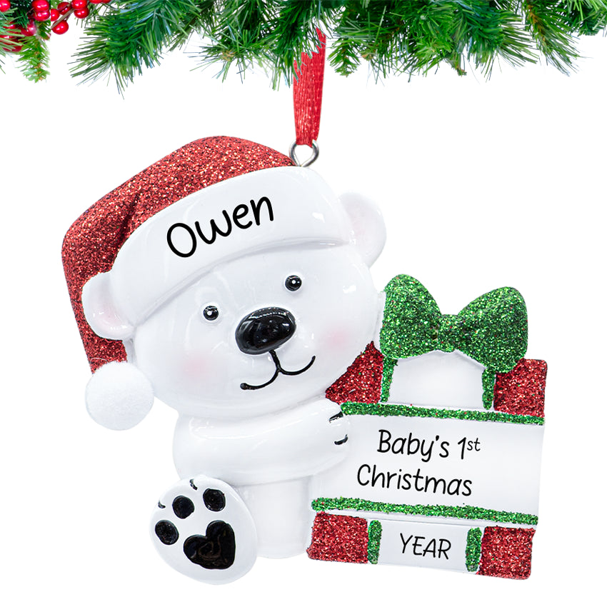 Personalized Baby's First Christmas Ornament for Baby Girl & Boy - Baby Bear with Present