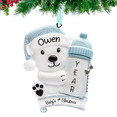 Celebrate your baby boy’s first Christmas with a personalized ornament featuring a bottle design