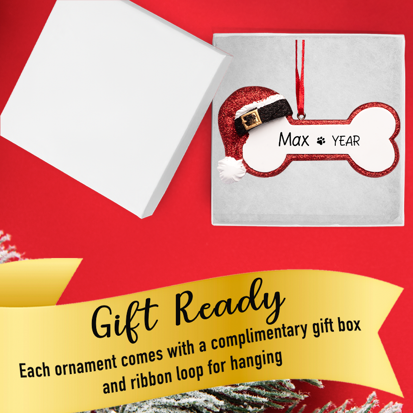 Personalized Dog Bone Christmas Ornament with Santa Hat