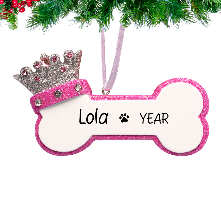 Personalized Princess Dog Bone with Crown Christmas Ornament