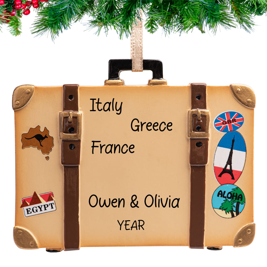 travel trunk ornament written on countries, name & year