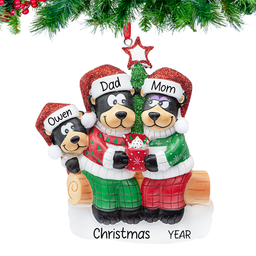 Personalized Black Bear Family of 3 Christmas Ornament
