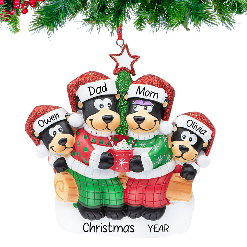 Personalized Black Bear Family of 4 Ornament with custom names & year