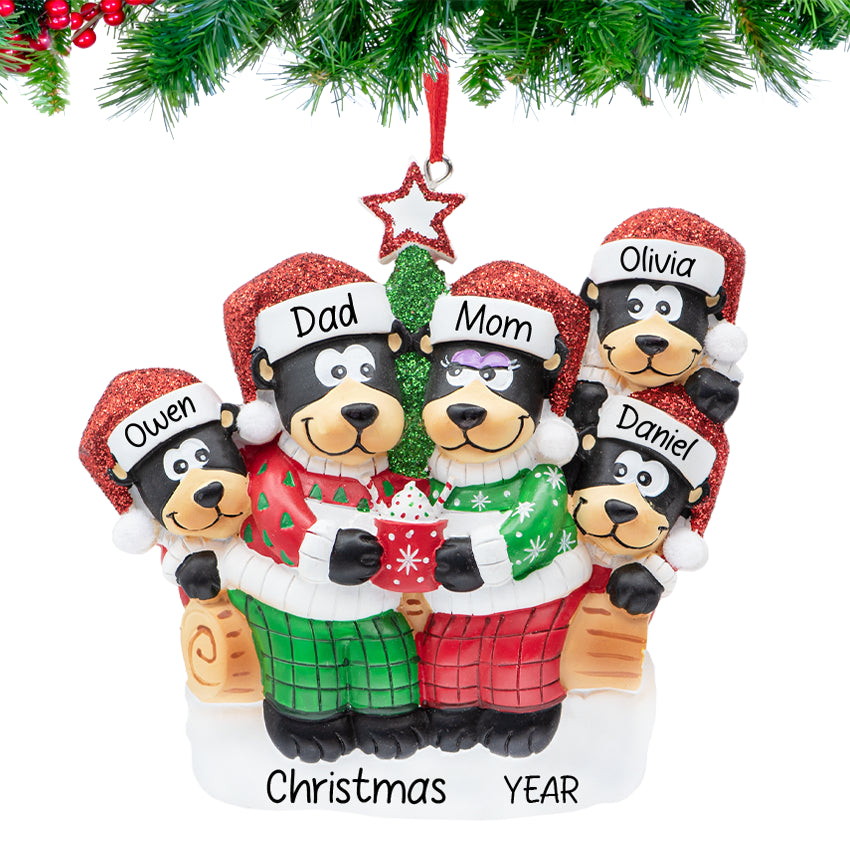 Personalized Black Bear Family of 5 Christmas Ornament