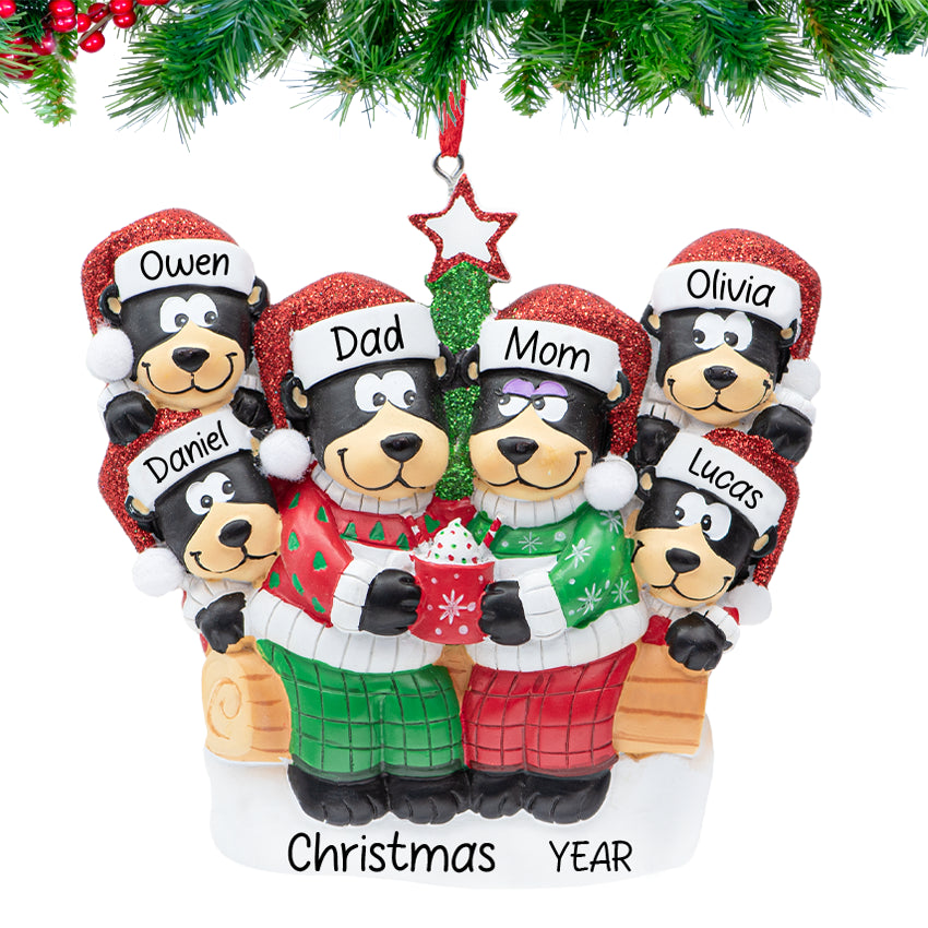 Personalized Black Bear Family of 6 Christmas Ornament