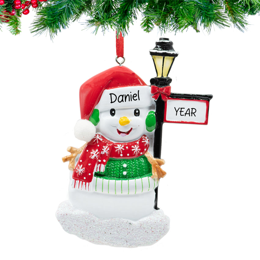Snowman with Light Post Personalized Christmas Ornament