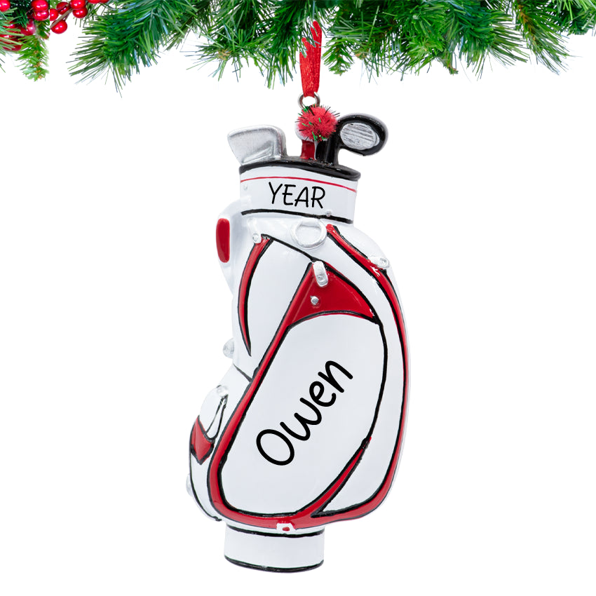 Golf bag ornament with 'Owen' and 'Year' text, hanging from Christmas tree.