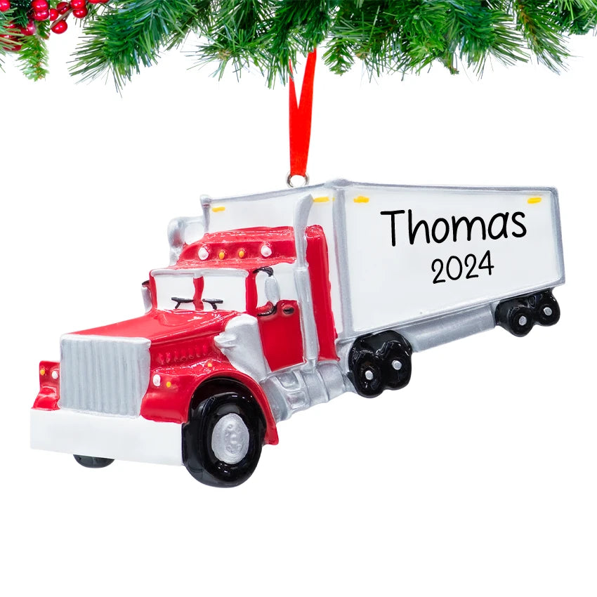 Personalized semi truck ornament with hand‑lettered driver name and 2025 tag
