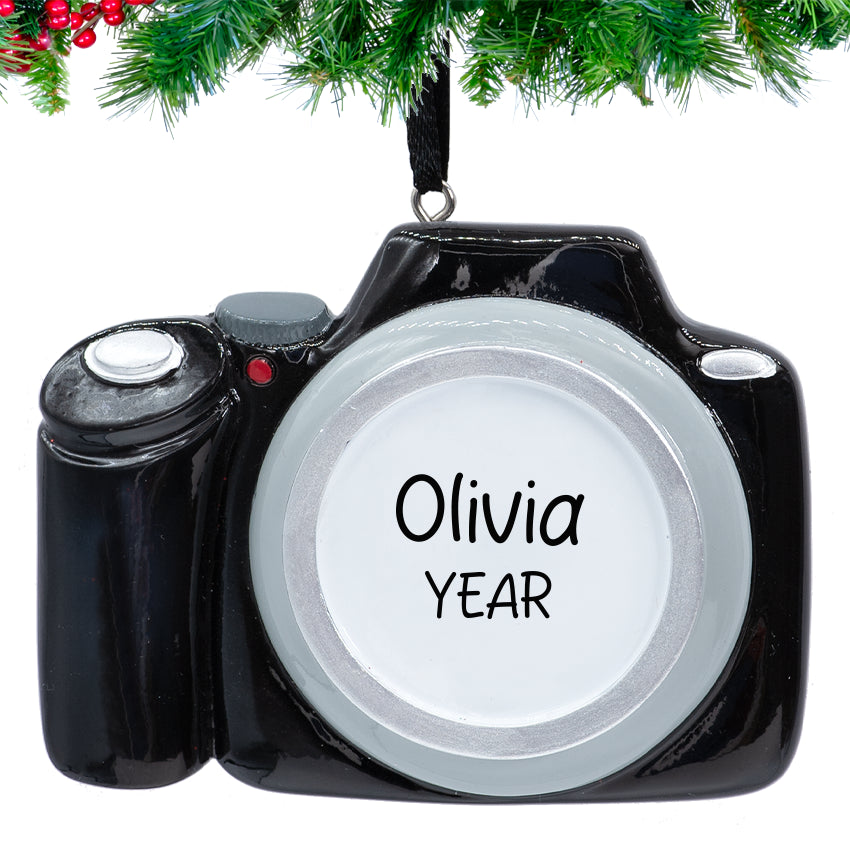 Custom camera ornament for Christmas, a unique decoration to capture cherished holiday memories.