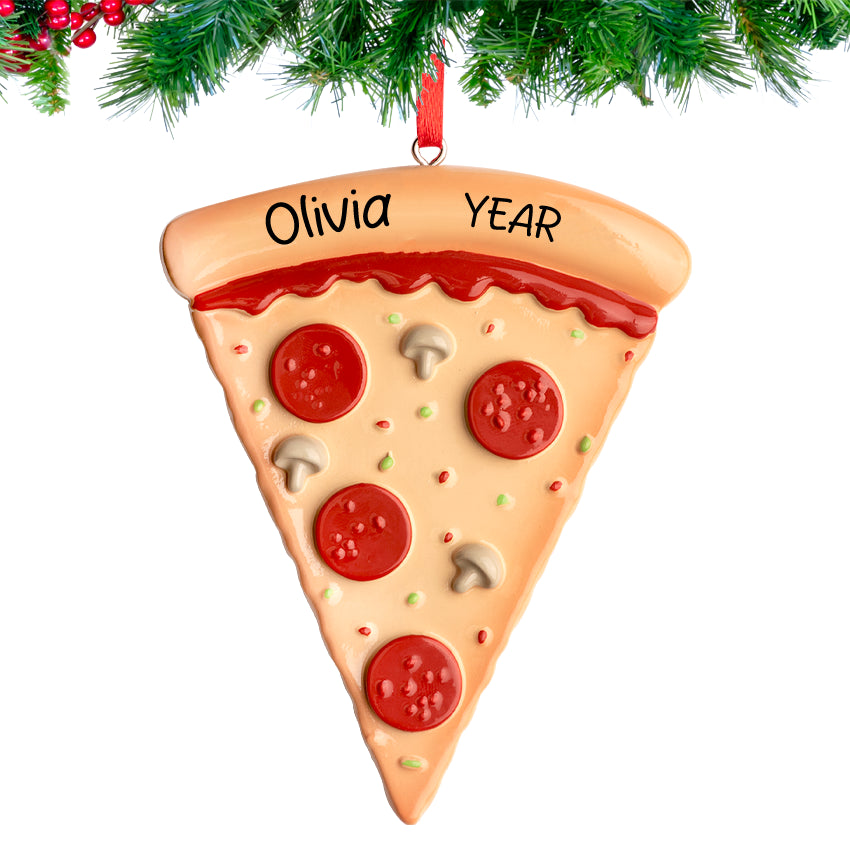 Personalized pizza slice Christmas ornament, a fun keepsake for pizza enthusiasts.