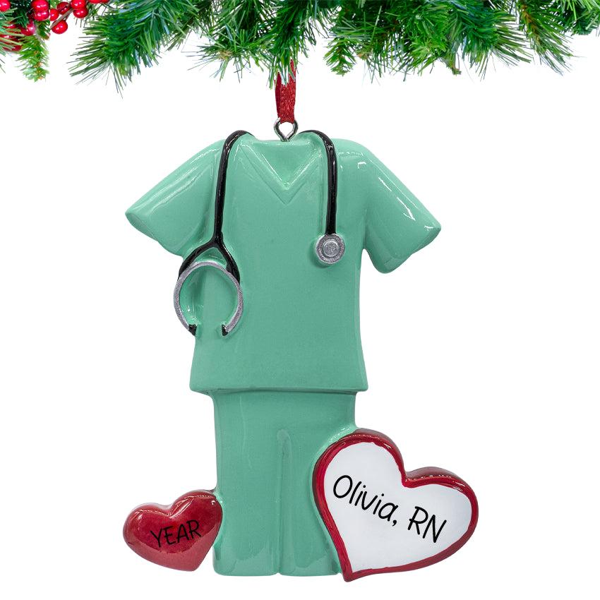 Personalized Green Scrubs with Stethoscope Christmas Ornament