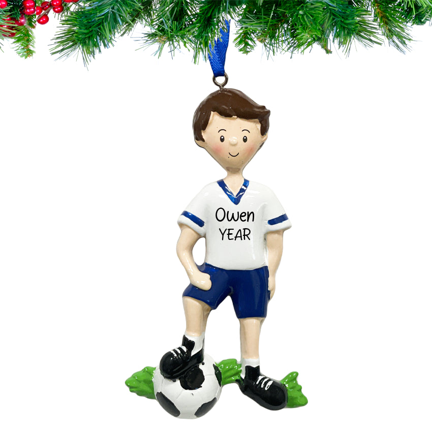 Soccer player ornament with customizable name and year on a white background