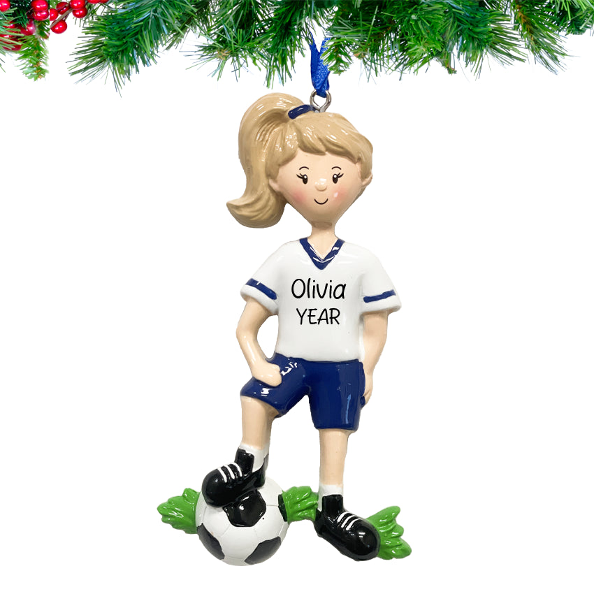 Soccer player ornament with 'Olivia' and 'YEAR' on a white background