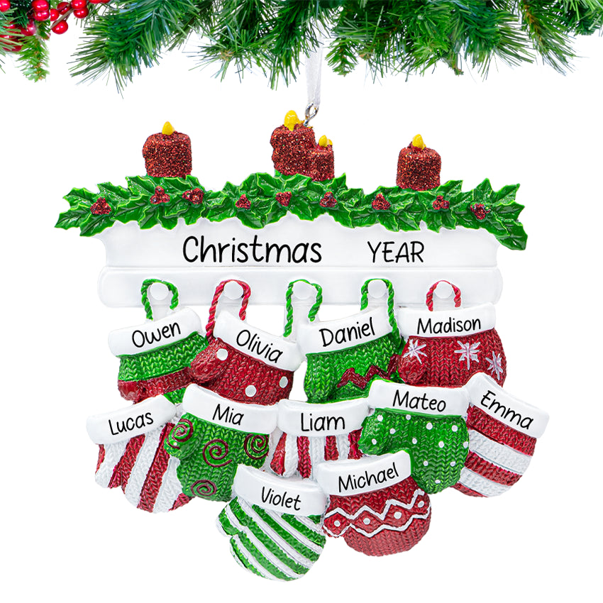 Personalized Mitten Family of 11 Christmas Ornament