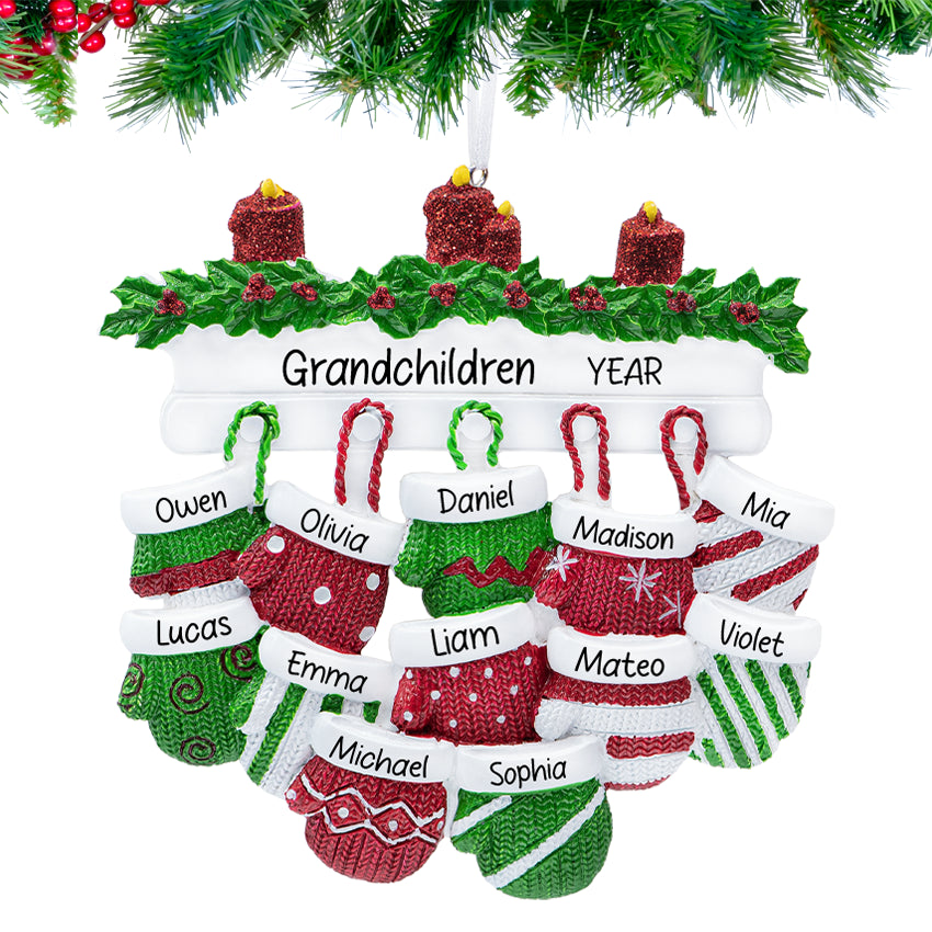 Personalized Mitten Family of 12 Christmas Ornament