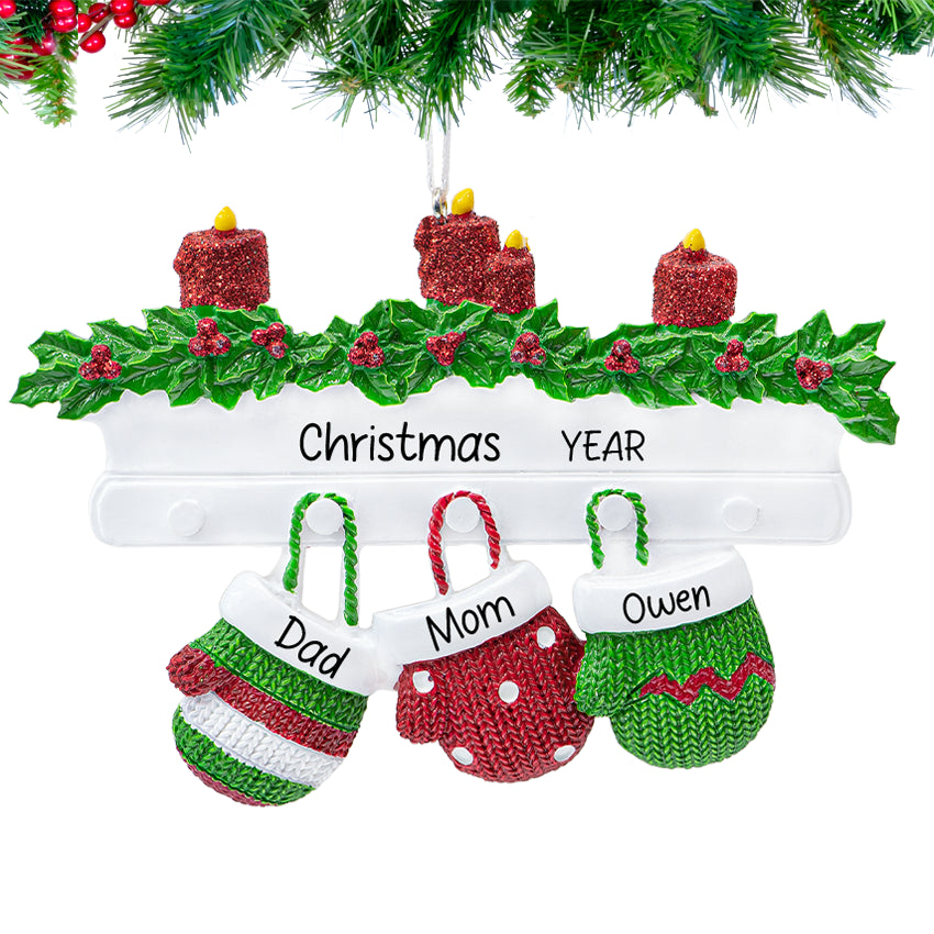 Personalized Mitten Family of 3 Christmas Ornament