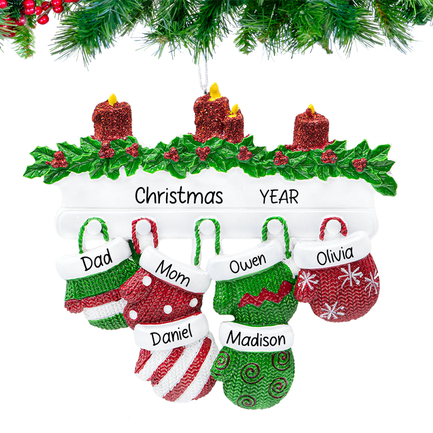 Personalized Mitten Family of 6 Christmas Ornament